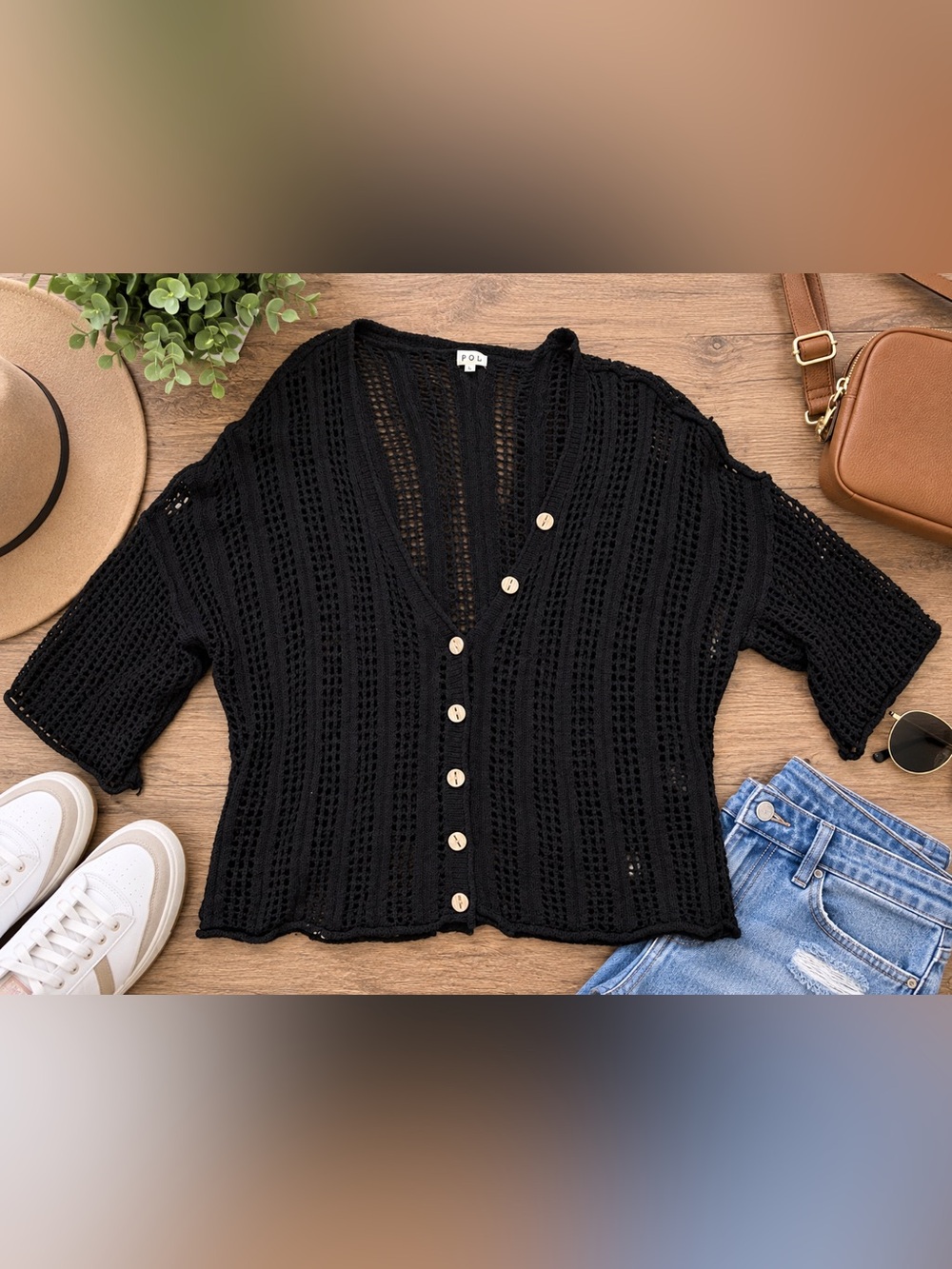 Title: POL Black Open Knit Crochet Button Front Cardigan Boho Sweater Large